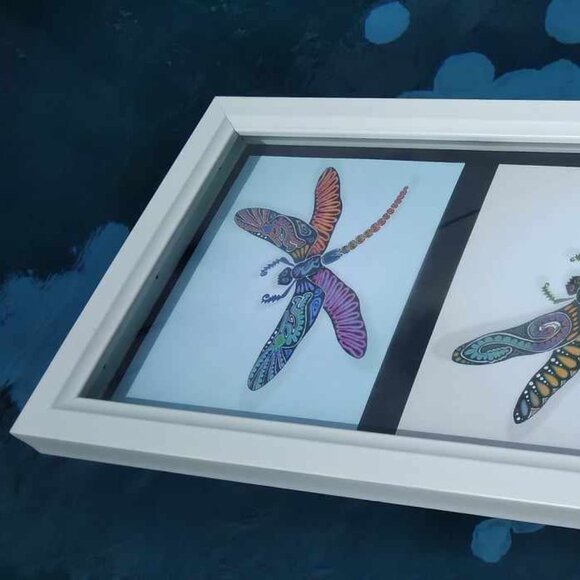 Three Dragonflies Art prints with Subliminal Wing Designs framed in a White Wood - Picture 9 of 12